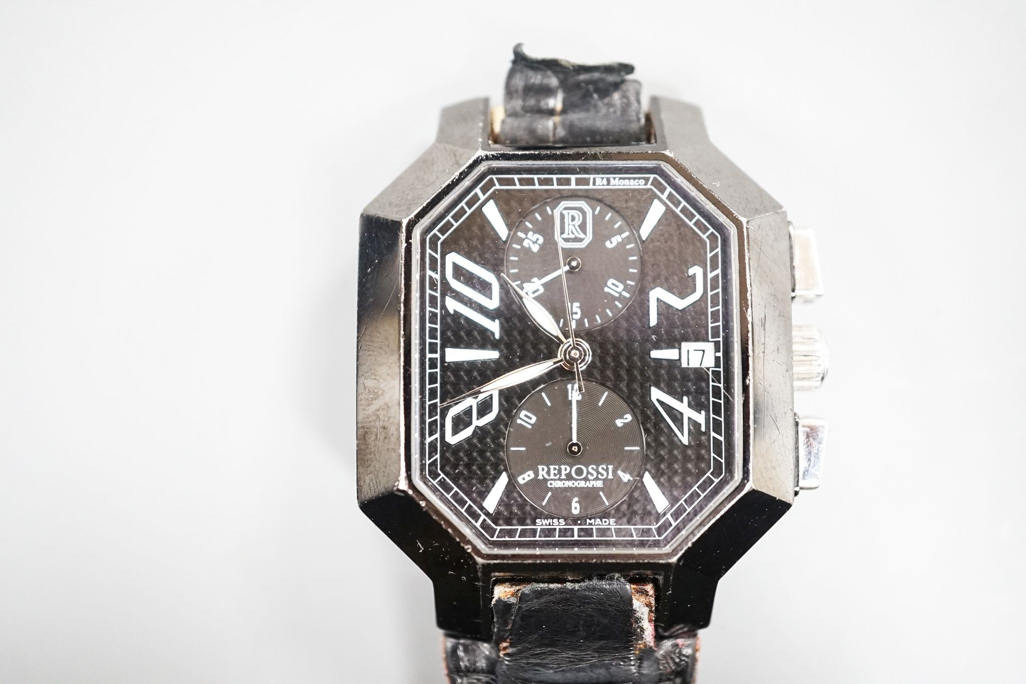 A gentleman's modern blackened stainless steel Swiss Repossi Chronograph automatic wrist watch, on a leather strap(a.f.), no box or papers, case diameter 39mm.